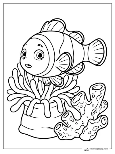 Cartoon clownfish hovering over an anemone beside spotted coral tubes