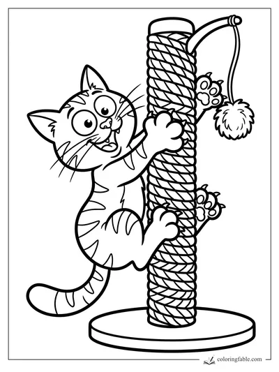 Cartoon tabby kitten climbing a rope scratching post with a dangling pom-pom toy