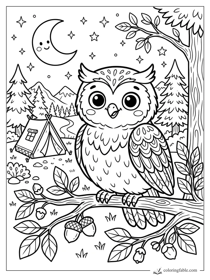 Kawaii owl on an acorn branch above a tent, pines, mountains, crescent moon and stars.