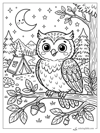 Kawaii owl on an acorn branch above a tent, pines, mountains, crescent moon and stars.