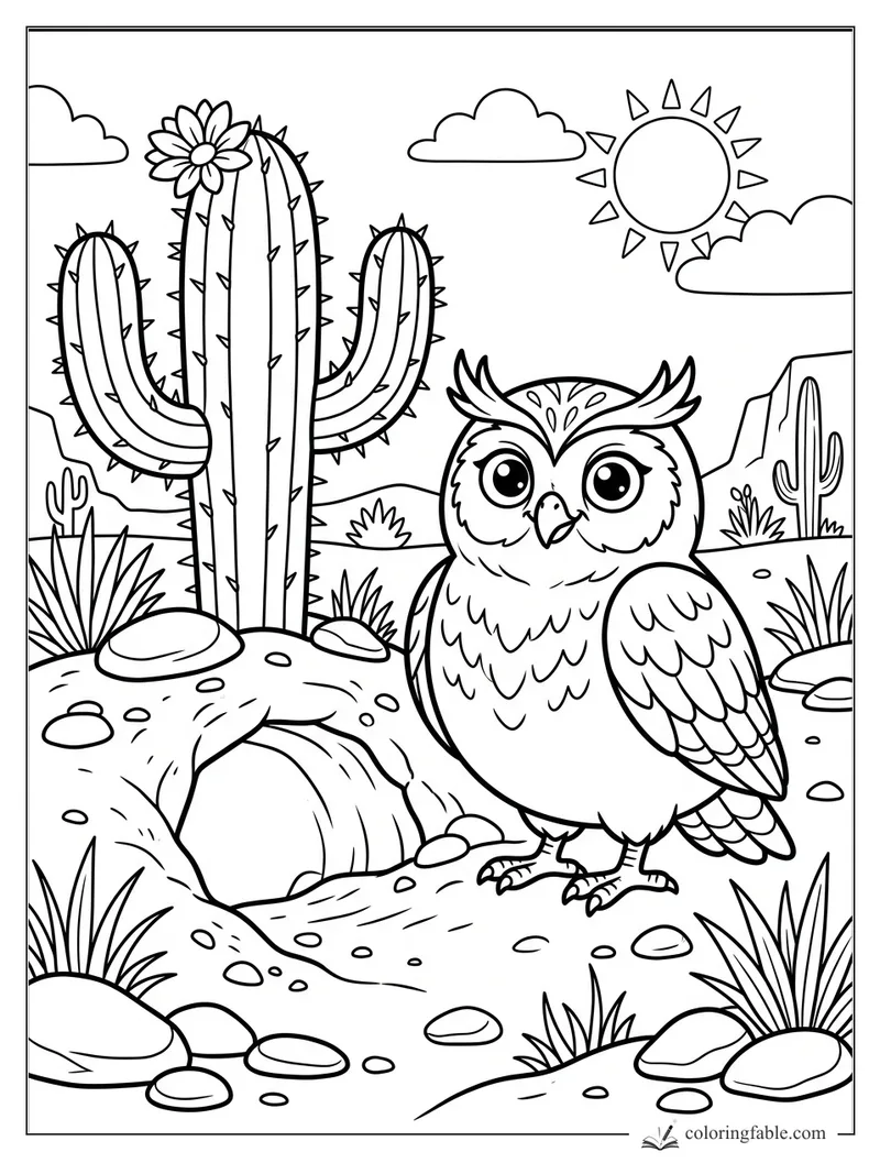Cartoon owl standing by a flowering saguaro cactus in a sunny desert scene
