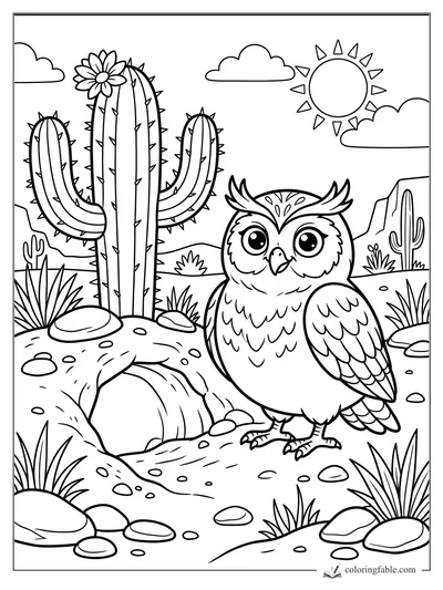 Cartoon owl standing by a flowering saguaro cactus in a sunny desert scene