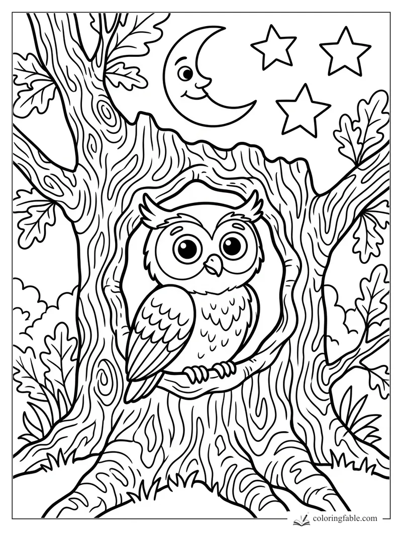Cartoon owl perched inside a hollow oak under a smiling crescent moon and three stars