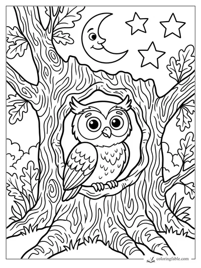 Cartoon owl perched inside a hollow oak under a smiling crescent moon and three stars