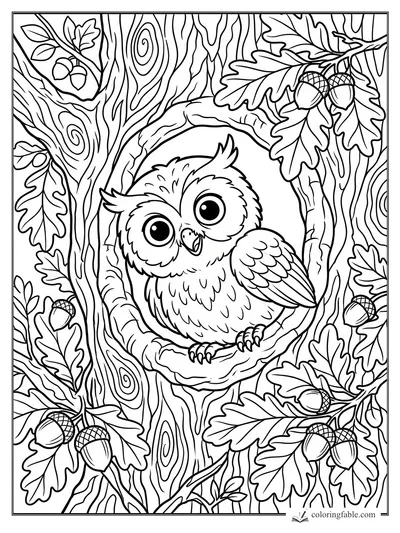 Cartoon owl perched inside an oak tree hollow with leaves, acorns, bark lines, and round wood knots.