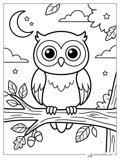 Cute wide-eyed owl perched on a branch with crescent moon, stars, clouds, leaves, and acorns