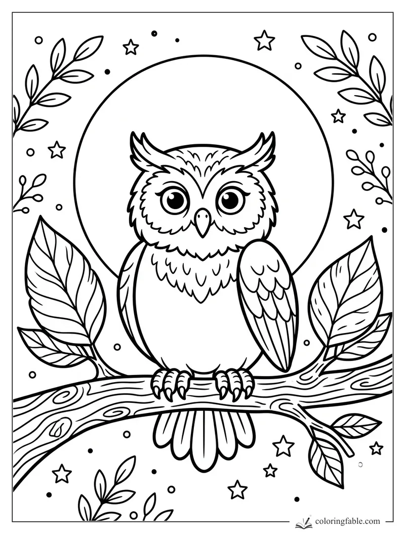 Easy owl coloring page with a wide-eyed owl on a branch, full moon, stars, leaves, and berries