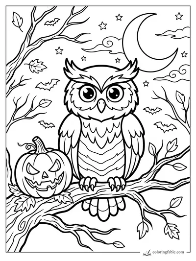 Cartoon owl on a branch beside a jack-o’-lantern, bats, stars, crescent moon, and bare trees.