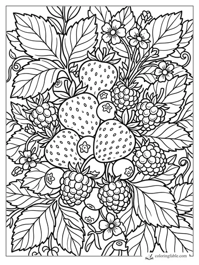 Doodle coloring page of strawberries, raspberries, blueberries, blossoms, curling vines, and serrated leaves.