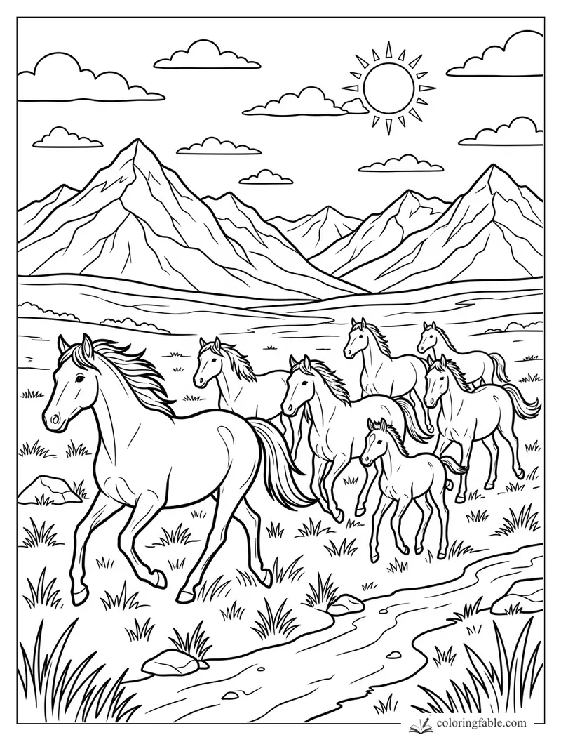 Wild horse herd trotting by a stream under sunny mountain peaks and clouds