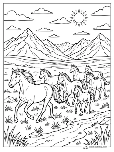Wild horse herd trotting by a stream under sunny mountain peaks and clouds
