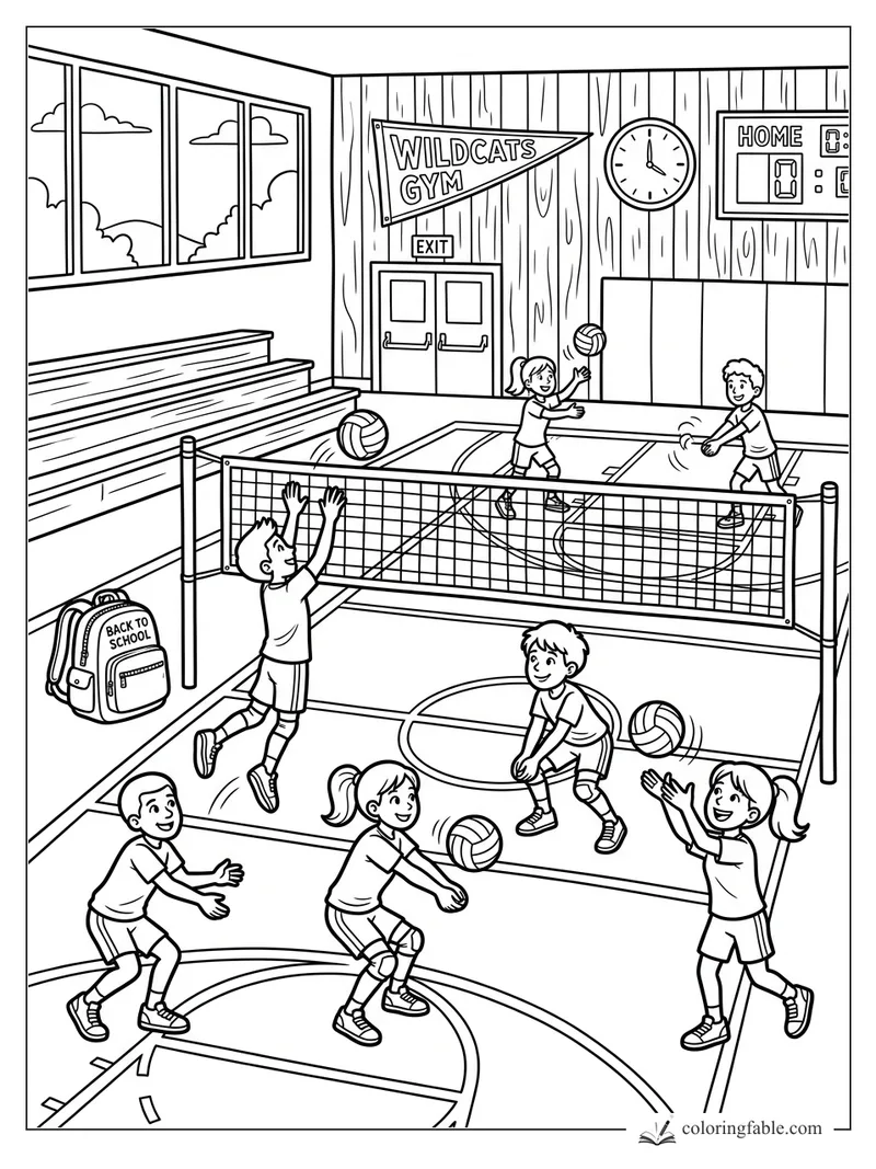 Cartoon kids playing volleyball in Wildcats Gym with net, scoreboard, bleachers, and backpack