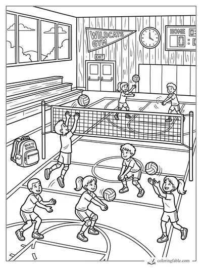 Cartoon kids playing volleyball in Wildcats Gym with net, scoreboard, bleachers, and backpack