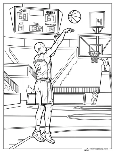 Wildcats player shoots a basketball in an arena with scoreboard, hoop, shot clock, and empty stands.