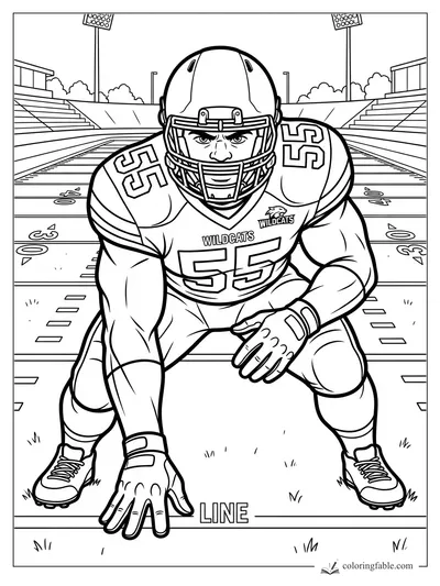 Wildcats football player number 55 crouches at the line in a stadium, ready for the snap.