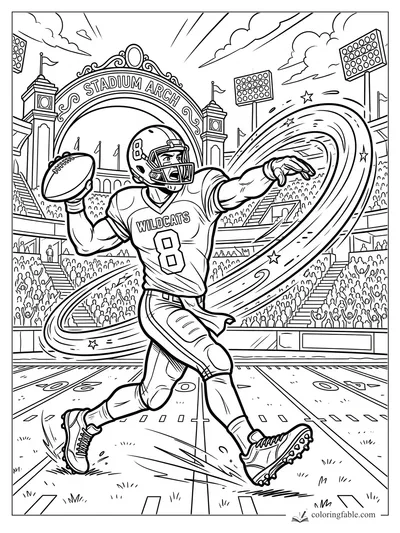 Cartoon Wildcats quarterback number 8 throwing a football under Stadium Arch with cheering crowds and swirl stars