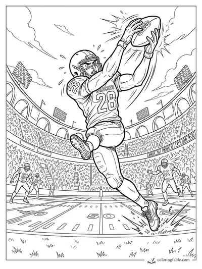 Manga football receiver number 28 leaps for a catch in a packed stadium at the 50-yard line.