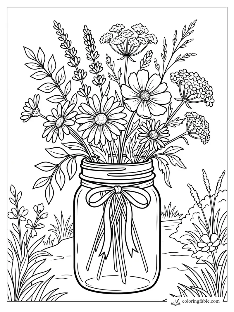 Wildflowers in a ribbon-tied mason jar with daisies, leafy stems, grasses, and garden plants