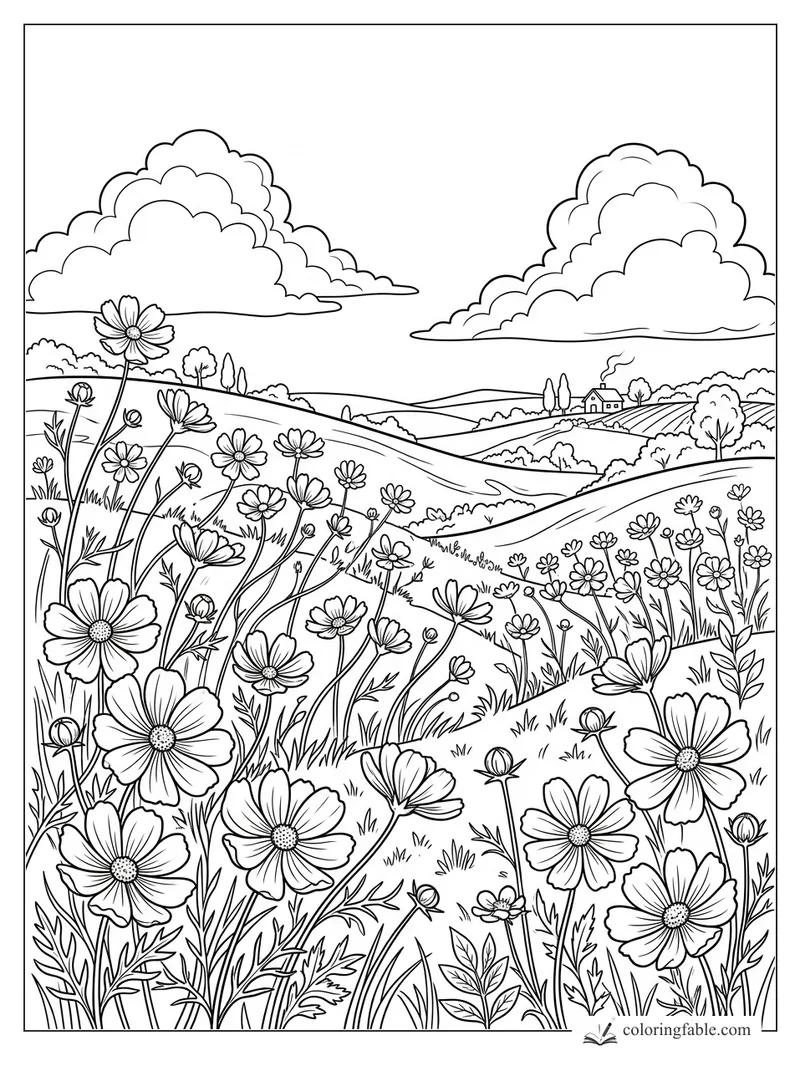 Wildflower hillside coloring page with rolling fields, big clouds, and a small farmhouse in the distance