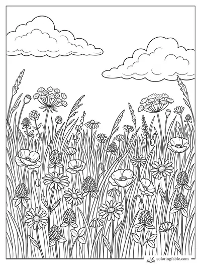 Wildflower meadow coloring page with daisies, poppies, clover, tall grasses, and two puffy clouds