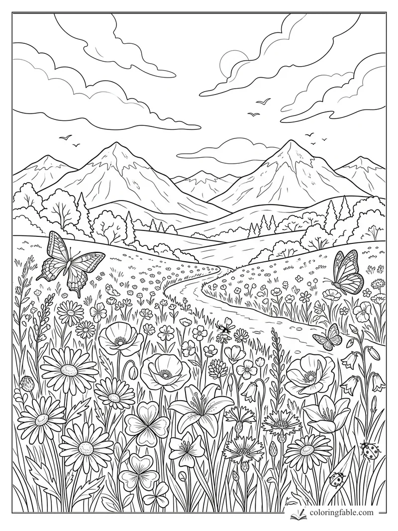 Wildflower meadow coloring page with butterflies, winding path, mountains, clouds, birds, and ladybugs.