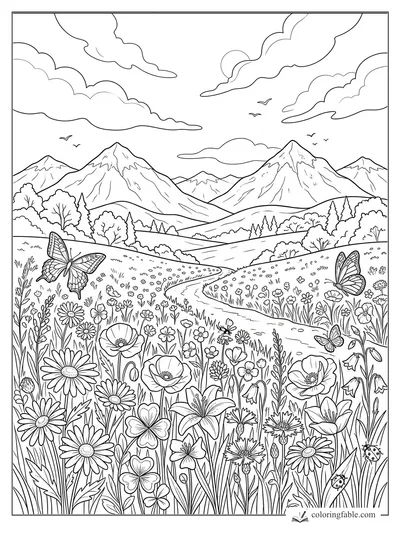 Wildflower meadow coloring page with butterflies, winding path, mountains, clouds, birds, and ladybugs.