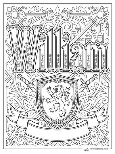 William name coloring page with castle towers, crossed swords, ornate scrolls, and a lion shield