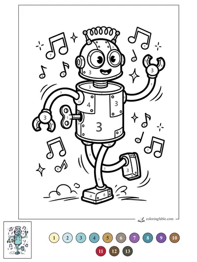 Wind-Up Robot Dancing to Music Notes — color by number