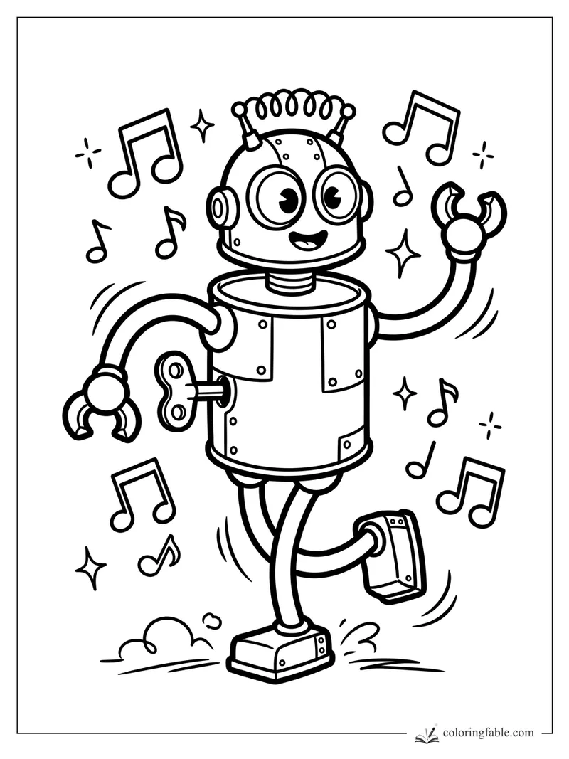 Vintage wind-up robot dancing with claw hands, raised foot, big headphones, and floating music notes