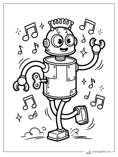 Vintage wind-up robot dancing with claw hands, raised foot, big headphones, and floating music notes