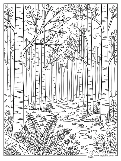Coloring page of a winding stone path through tall birch trees, leafy branches, ferns, rocks, and wildflowers.