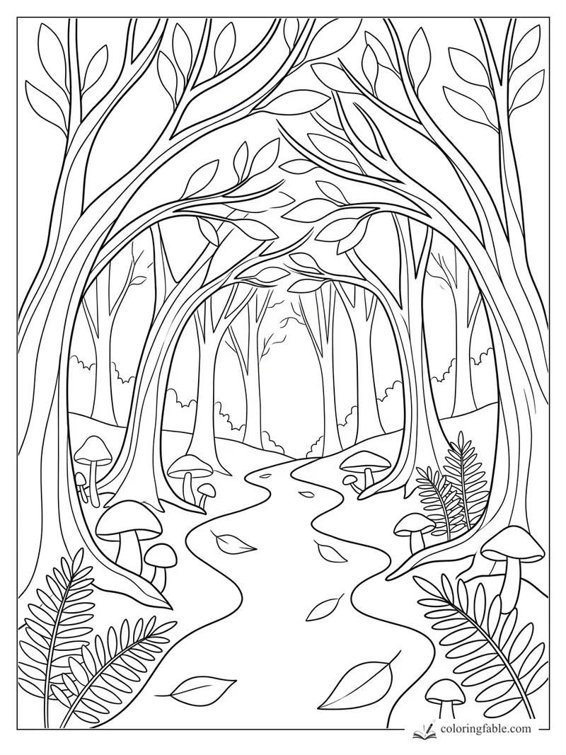 Minimalist forest path coloring page with arching trees, mushrooms, ferns, and fallen leaves