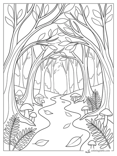 Minimalist forest path coloring page with arching trees, mushrooms, ferns, and fallen leaves
