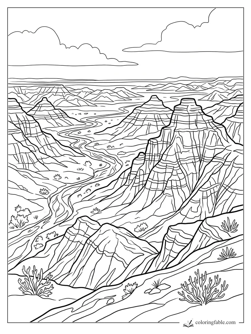 Intricate sketch of striped desert badlands with mesas, winding riverbeds, shrubs, and wide clouds.