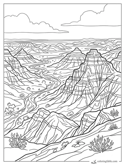 Intricate sketch of striped desert badlands with mesas, winding riverbeds, shrubs, and wide clouds.