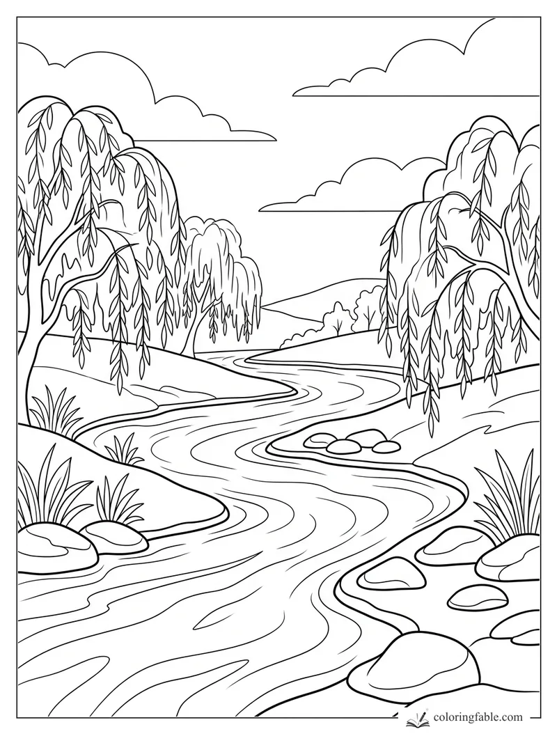 Easy landscape coloring page with a winding river, willow trees, rocks, hills, and long clouds.