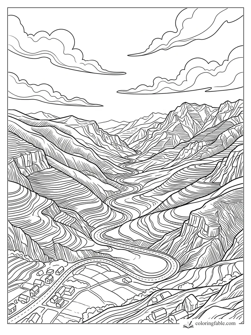 Intricate engraving landscape of terraced mountains, a winding valley road, tiny houses, and sweeping clouds.