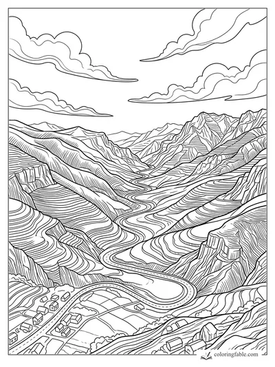 Intricate engraving landscape of terraced mountains, a winding valley road, tiny houses, and sweeping clouds.