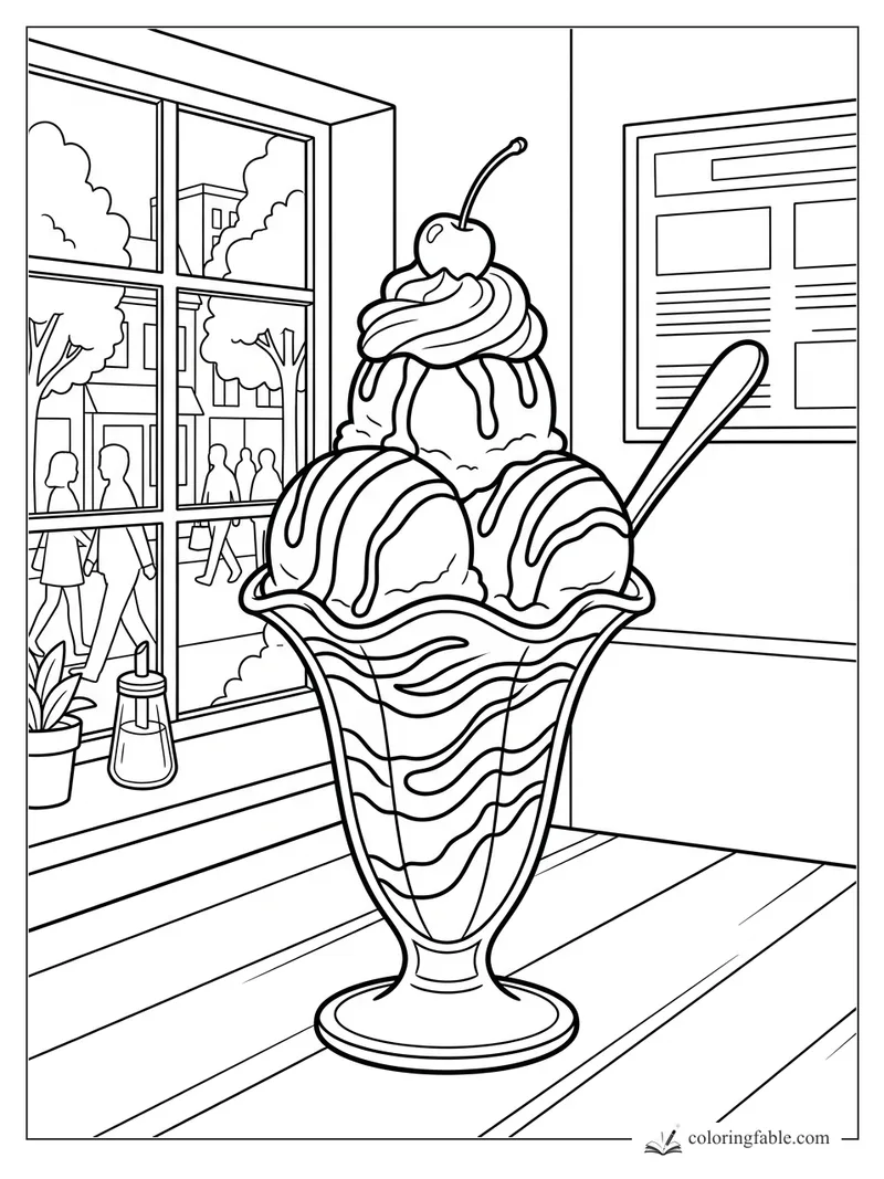 Ice cream sundae in a tall glass by a café window, with cherry, spoon, syrup, and people outside