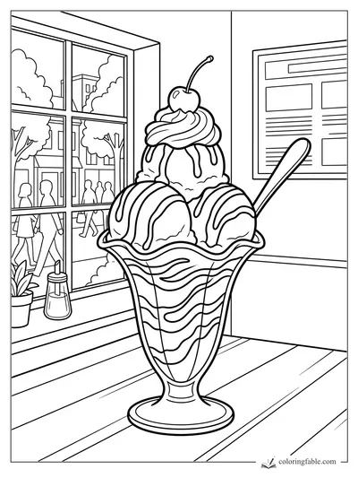Ice cream sundae in a tall glass by a café window, with cherry, spoon, syrup, and people outside
