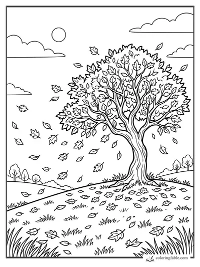 Fall coloring page with a windblown tree, falling leaves, grassy hills, clouds, and sun.