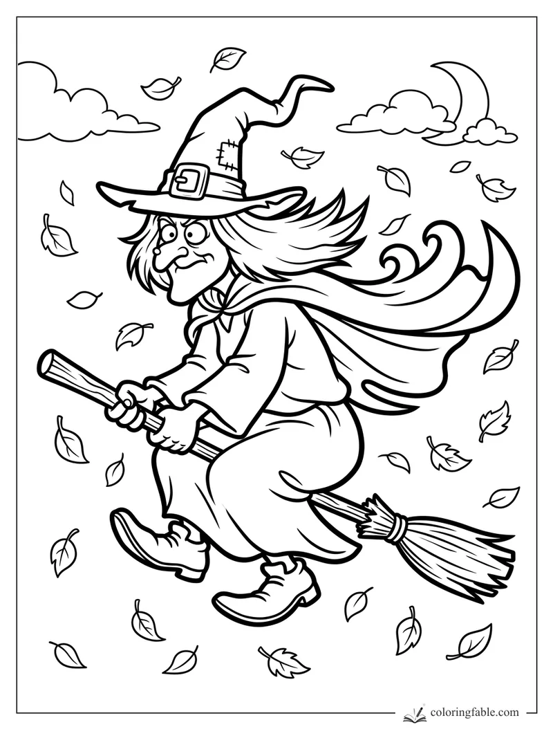 Cartoon witch on a broom in wind, with blowing hair, autumn leaves, clouds, and crescent moon