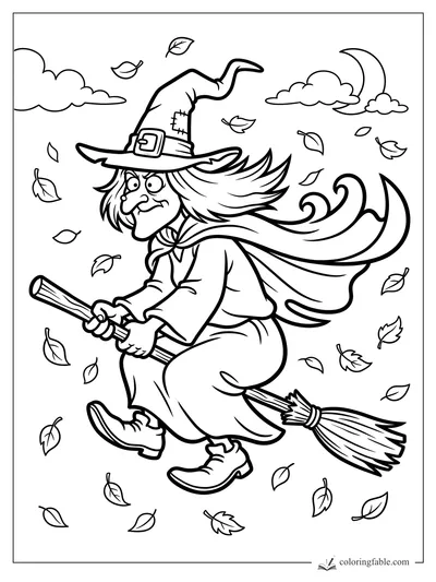 Cartoon witch on a broom in wind, with blowing hair, autumn leaves, clouds, and crescent moon