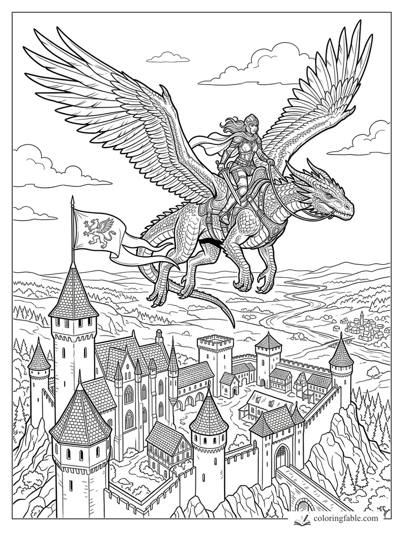Intricate fantasy coloring page of a woman riding a winged dragon over a castle and valley
