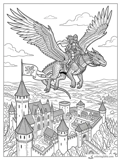 Intricate fantasy coloring page of a woman riding a winged dragon over a castle and valley