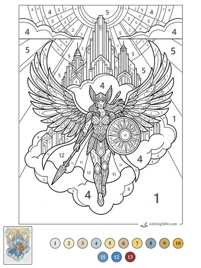 Winged Guardian Above the Sunburst City — color by number