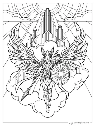 Art deco winged warrior with spear and sun shield flying over a cloud city beneath a radiant sun