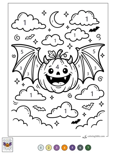 Winged Jack-o’-Lantern in a Cloudy Halloween Sky — color by number