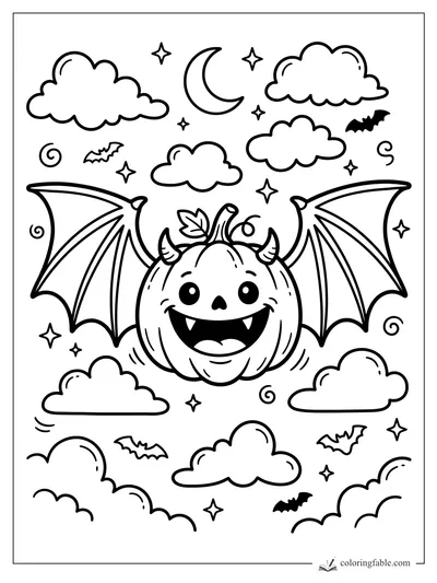 Smiling jack-o’-lantern with bat wings flying among clouds, stars, bats, and a crescent moon.