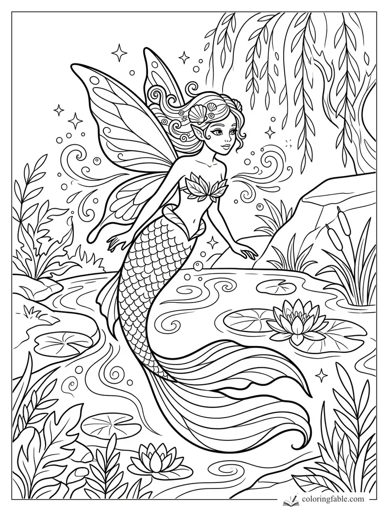 Winged mermaid with shell hairpieces, leafy top, scaled tail, lily pads, reeds, and willow branches.